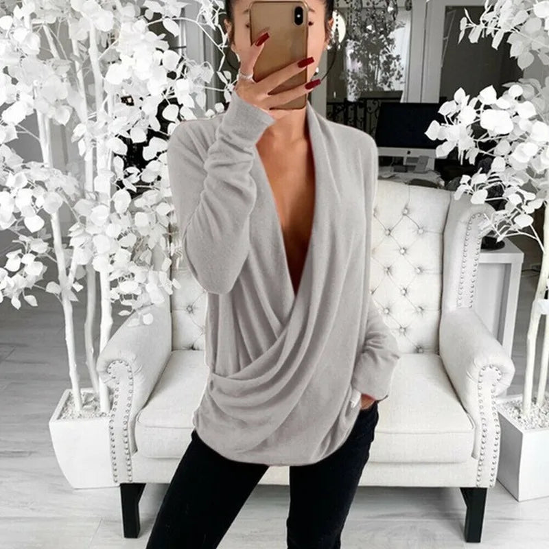 V Neck Long Sleeve Pleated Wrap Blouse