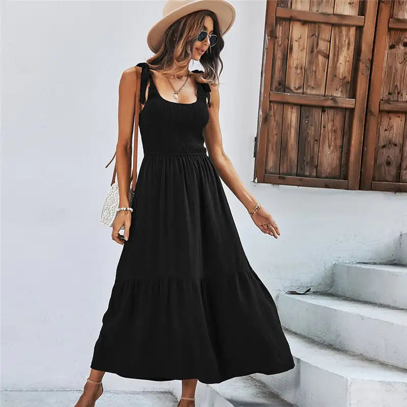Women’s Summer Splicing Solid Black Strap Dress