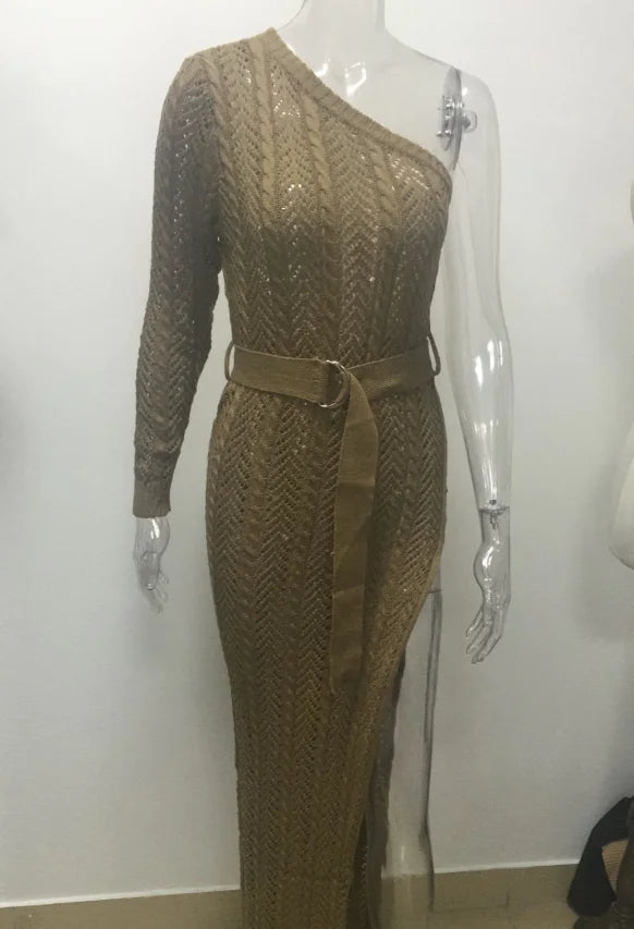 Off-Shoulder Knit Sweater Dress with Belt