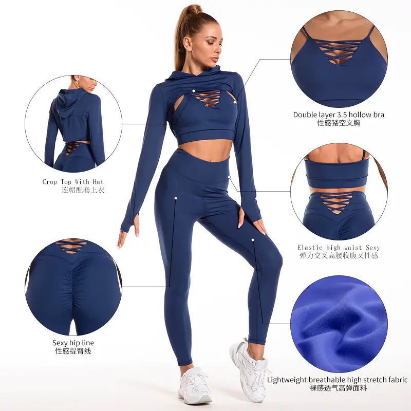 2024 Women's Yoga Set with Cropped Hoodie and Leggings