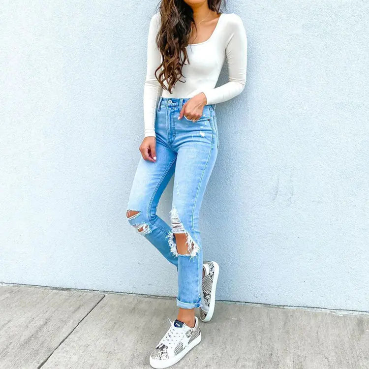High-Waisted White Washed Denim Pants