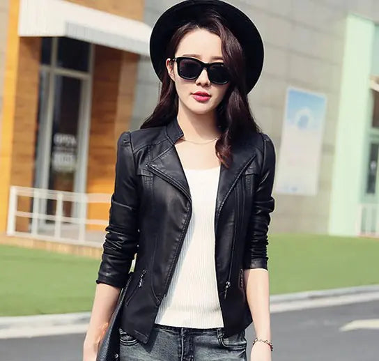 2019 Spring Autumn Women's Slim Fit PU Leather Jacket