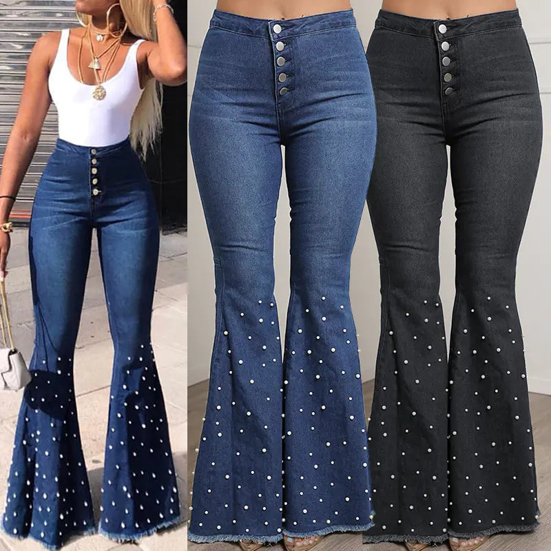Embellished Stretch Denim Flare Jeans