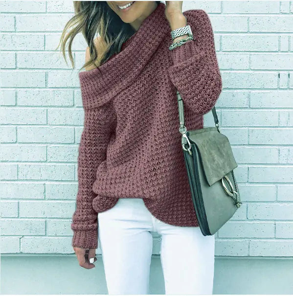 Women's Solid Color High Neck Off-Shoulder Knit Sweater