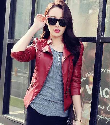 2019 Spring Autumn Women's Slim Fit PU Leather Jacket