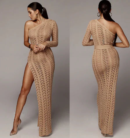 Off-Shoulder Knit Sweater Dress with Belt