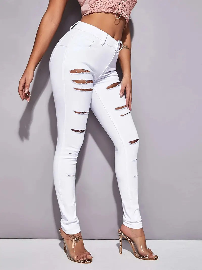 High Rise Ripped White Denim Skinny Jeans for Women